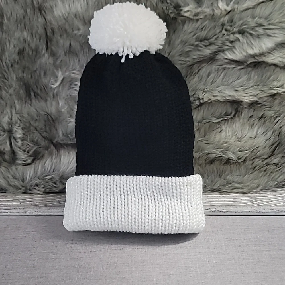 Handmade Woman's Black & White Beanie with pom pom.